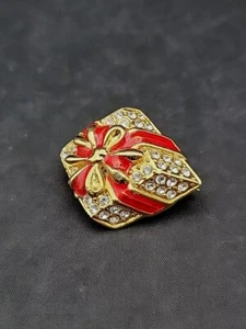 Monet Gold Tone Red Enamel Clear Rhinestones Gift Present Pin Holiday Brooch - Picture 1 of 13