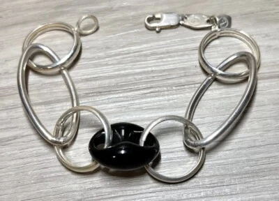 Brazalete de eslabones grandes mixtos de plata esterlina y ónix de diseñador vintage, 8,5”, 20,6 g Foto 1 de 4