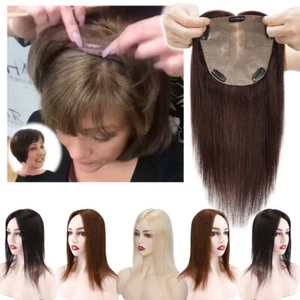 Silk Base Real Remy Human Hair Topper Toupee Clip Hairpiece Mono Top Wig Women I - Picture 1 of 31
