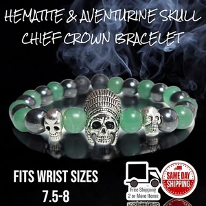 Skull Chief Aventurine & Hematite 8mm Beaded Bracelet Wrist Sz 7.5-8 - Picture 1 of 3