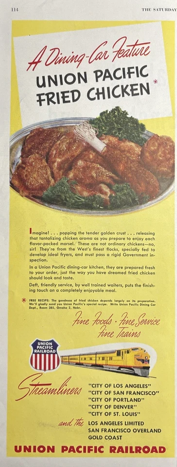 Union Pacific Railroad 1950 vagón comedor característica tren pollo frito anuncio impreso de colección Foto 1 de 1