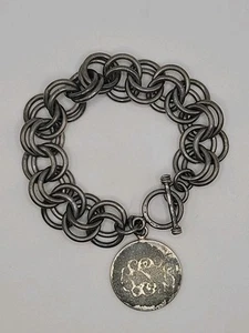 Vtg Sterling 925 Mexico Heavy Rolo Chain Toggle Bracelet 7” Monogram Charm 55g - Picture 1 of 7