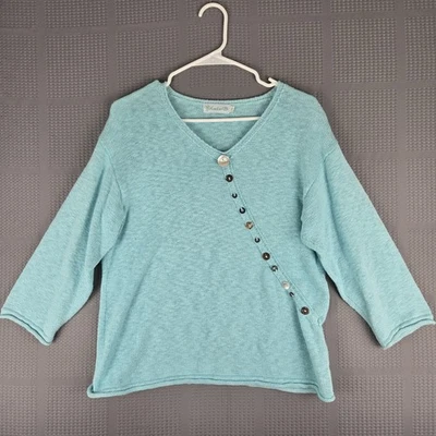 Lulu-B Aqua Blue V-neck Pullover 3/4 Sleeve Knit Cotton Sweater W/ Buttons M - Image 1 of 4