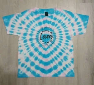Handmade Tie Dye Blue Pink Graphic "I Am" Bible Verses T-shirt Youth Small - Picture 1 of 3