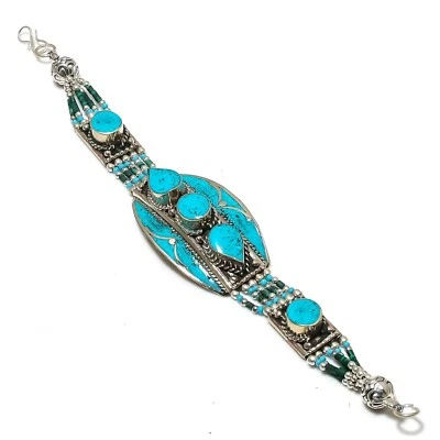 Turquoise Gemstone 925 Sterling Silver Ethnic Nepali Jewelry Bohemian Bracelet - Image 1 of 4