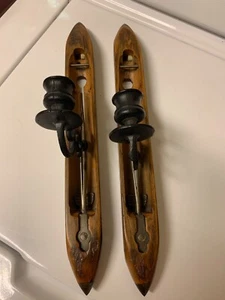 Vintage Pair 17" Textile Weaver's Loom Boat Shuttle Candle Holders Wall Sconces - Picture 1 of 8