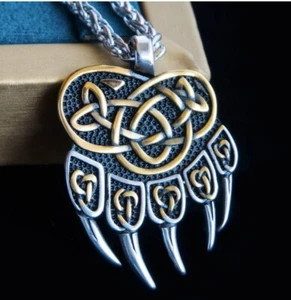 Stainless Steel Veles Stamp Slavic Bear claw pendant with 24 inch chain