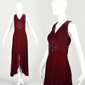 Grande robe velours rouge années 1970 perles bracelet sans manches cuisse haute fente maxi