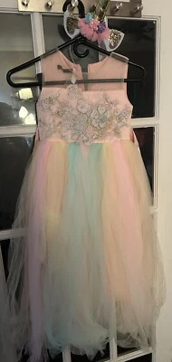 Niñas Unicornio Arco Iris Princesa Vestido de Cumpleaños Largo Maxi Vestido con Diadema Foto 1 de 4