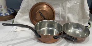 2 Baumalu France Copper Pans / Pots Iron Handles ,  1 Lid 6.5” & 6 5/8” - Picture 1 of 9