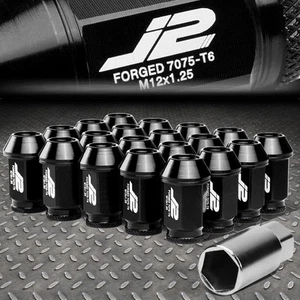 J2 ENGINEERING 7075 ALUMINUM M12X1.25 20PCS 40MM OPEN-END LUG NUTS+ADAPTER BLACK - Picture 1 of 7