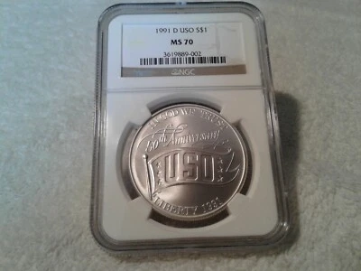1991 D NGC MS70 USO $1 SILVER COMMEMORATIVE COIN - Image 1 of 4