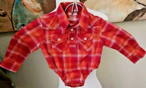 Wrangler Pearl Snap Bodysuit Plaid Pink Orange Printed 0-3 Infant Girl's Boy's - Picture 1 of 11