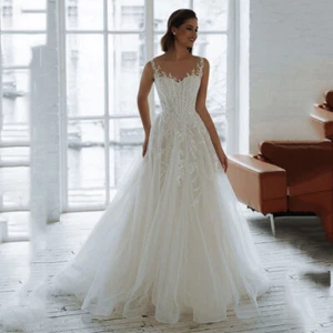 Sheer Neck Tulle Wedding Dresses Sequins Appliques Buttons Back Bridal Gowns New - Picture 1 of 7