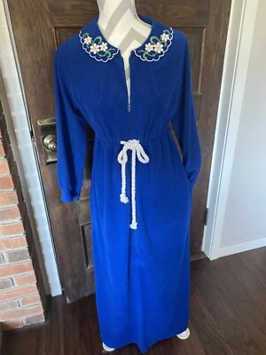 "Abrigo de casa Katz EE. UU. Vintage para mujer azul terciopelo cremallera ribete floral 34"" cintura" Foto 1 de 4