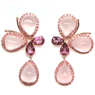 Prata esterlina 925 10 x 14 mm. Brincos rosa de quartzo, topázio e safira  - Imagem 1 de 4