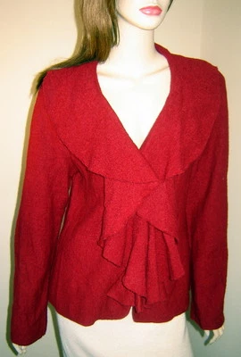 Cárdigan suéter chaqueta LAUREN HANSEN rojo oscuro lana hervida con volantes chal (M) Foto 1 de 4