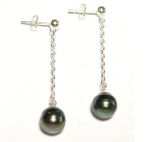 Pendientes colgantes de poste colgantes de plata esterlina 925 perla negra tahitiana de 9-10 mm - Imagen 1 de 1
