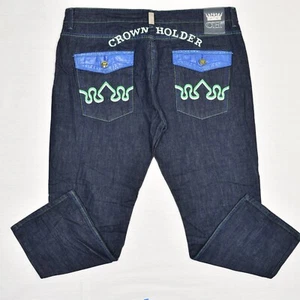 Crown Holder Men Straight Jeans Zip Solid Cotton Blue Sz 44x32 Y2K Embroided VTG - Picture 1 of 8