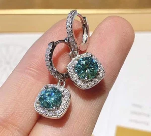 D Color 2CT Blue Green Moissanite Dangle Hoop Earrings 14K White Gold Plated - Picture 1 of 12