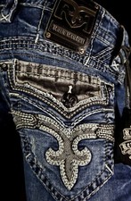 $220 Mens Rock Revival Jeans "Jayin" Leather Inserts Slim Straight 31 X 29