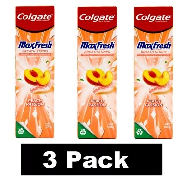 3 x COLGATE 100g TOOTHPASTE MAX FRESH WITH MINI BREATH STRIPS PEACH PASSION NEW - Image 1 of 4