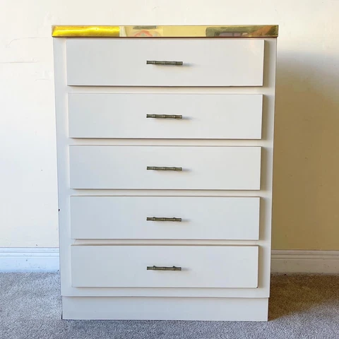 Postmodern Cream Lacquer Laminate Highboy Dresser With Faux Bamboo Brass Handles Cover