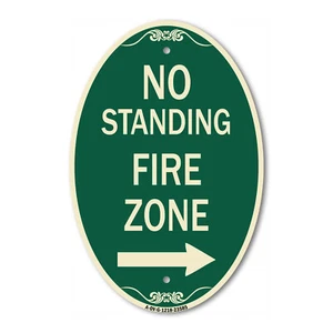 No Standing Fire Zone with Right Arrow 12" x 18" Green & Tan Aluminum Oval Sign - Picture 1 of 4