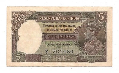 British India Rs 5, XF+ Note, 1938, Inset Plain, Prefix G, Signed J B Taylor - Image 1 of 2