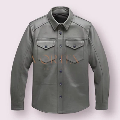 Men's GRAY Leather Causal Shirt Genuine Lambskin Leather Shirt Slim Fit Shirt - Image 1 of 2