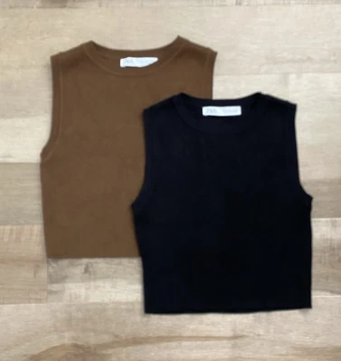 Suéter sin mangas corto sin mangas tejido acanalado negro y marrón de Zara para mujer (2) talla M Foto 1 de 4