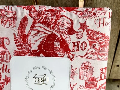 Farmhouse Santa Christmas Cotton QUEEN Size Sheet Set - Red Toile Holiday - Image 1 of 4