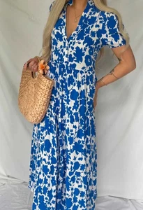 Zara Blue White Floral Print Tiered Midi Maxi Summer Dress size XL - Picture 1 of 6