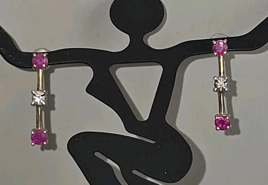  14K Yellow Gold Ruby Diamond  Anniversary Bar Drop Stud Earrings  - Image 1 of 4