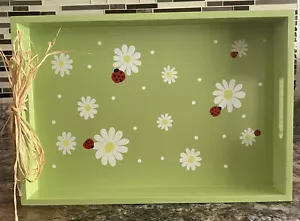 Ladybug🐞& Daisies Green Serving Tray - 15x10.5” Breakfast Tray Tea Tray Wood - Picture 1 of 11
