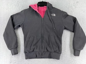The North Face Jacket Girls Medium Gray Pink Hooded Reversible Fleece Polyester - Picture 1 of 13