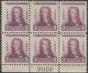 Plate Block of 6 stamps - Scott 726 - 3 cent - Gen. Oglethorpe - 1933 - MNH - Picture 1 of 1