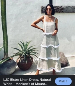 LJC Designs Women's Tan Ruffle Tiered Sleeveless Bistro Linen Midi Dress Sz M - Photo 1 sur 7