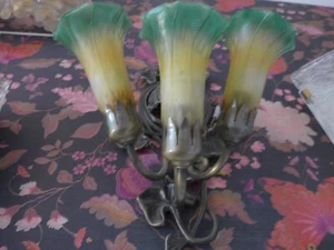 Jugendstil Wandlampe Messing 3 Glasschirme Wandleuchter - Picture 1 of 9