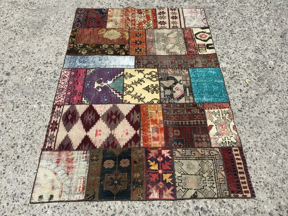 Patchwork Area rug, vintage 4x6 rug, vintage rugs, rug for bedroom,  - Image 1 of 4