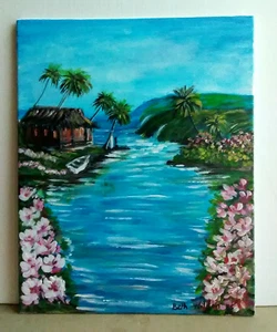 Original  Painting  8"x10" Hawaiian Tropical Flowers  Canvas Seaside Decor Art - Picture 1 of 12