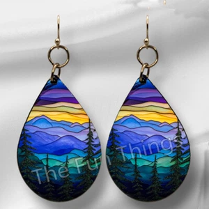 Faux Stained Glass Great Smoky Mountains Earrings NO TARNISH Wood Teardrop - Picture 1 of 8