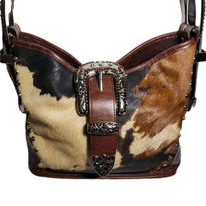 RAVIANI MUTI-COLOR CALF HAIR LEATHER HOBO STUDDED JEWELED SHOULDER HANDBAG - Picture 1 of 17