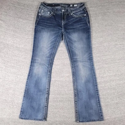 Pantalones de mezclilla Miss Me para mujer 31 azul tiro medio corte bootcut adornado solapa de ala MP5968B Foto 1 de 4