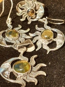 925 STERLING SILVER AMBER SUN MOON JEWELRY SET EARRINGS ADJUSTABLE RING PENDANT - Picture 1 of 6