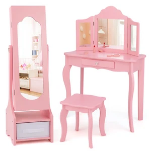 Kids Vanity Set Princess Makeup Dressing Table & Chair Set w/ Jewelry Armoire - Picture 1 of 9