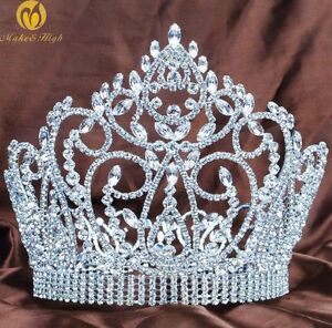 Large 7" Full Round Crown Pageant Tiara Crystals Bridal Headband Prom Art Deco