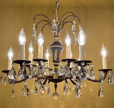 Vintage 1960s Hollywood Regency LARGE brass black crystal chandelier. 24 wide - Image 1 of 4