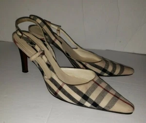 BURBERRY London nova Check Red Black Khaki Plaid Fabric Slingback Heels 8.5 38.5 - Picture 1 of 6