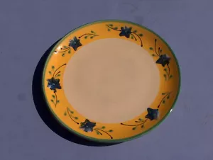 China Frankreich Pastis & Co blaue Blumen auf gelbem handbemalten Teller grüner Rand - Bild 1 von 4